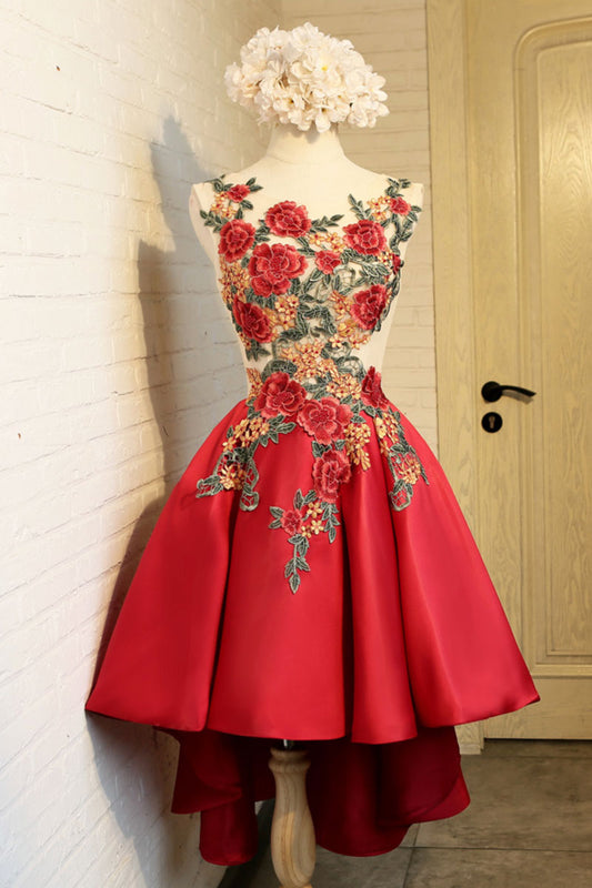 Red lace applique short prom dress, red homecoming dress