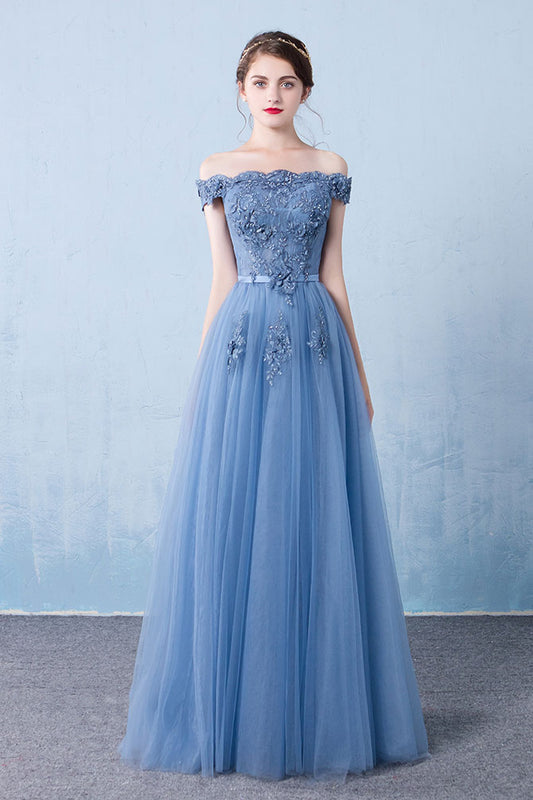 Blue off shoulder lace tulle long prom dress, blue lace bridesmaid dress