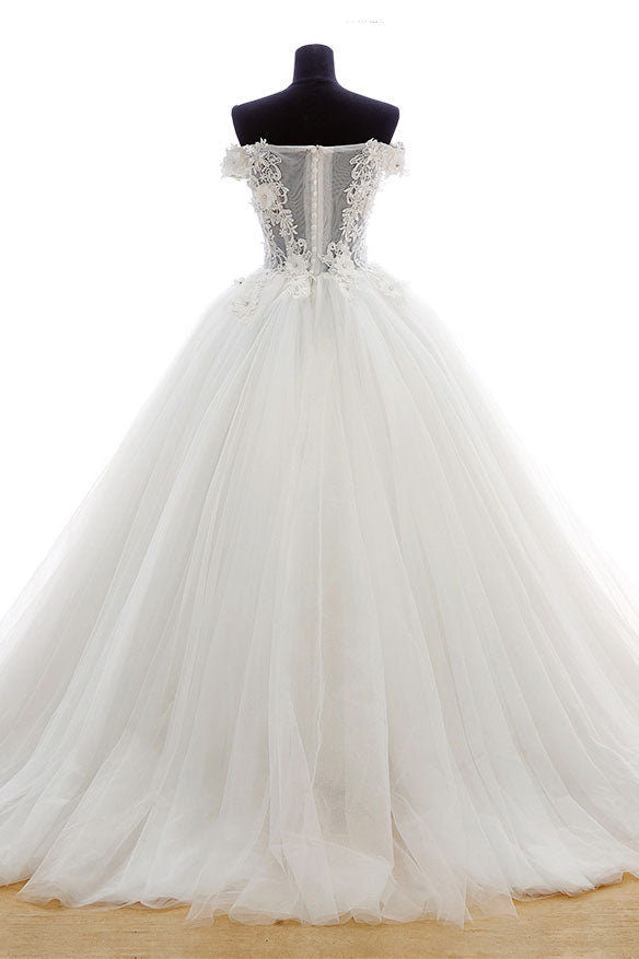 White off shoulder lace applique tulle long prom dress, wedding dress