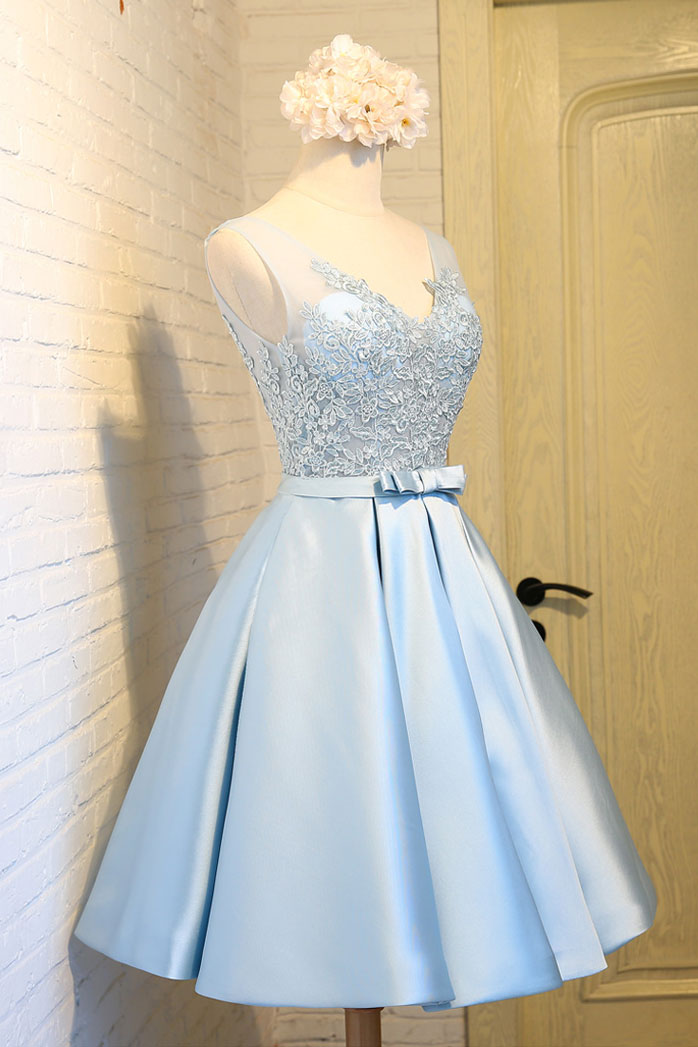 Light blue v neck lace applique short prom dress, blue homecoming dres dresstby Light blue v neck lace applique short prom dress, blue homecoming dres dresstby