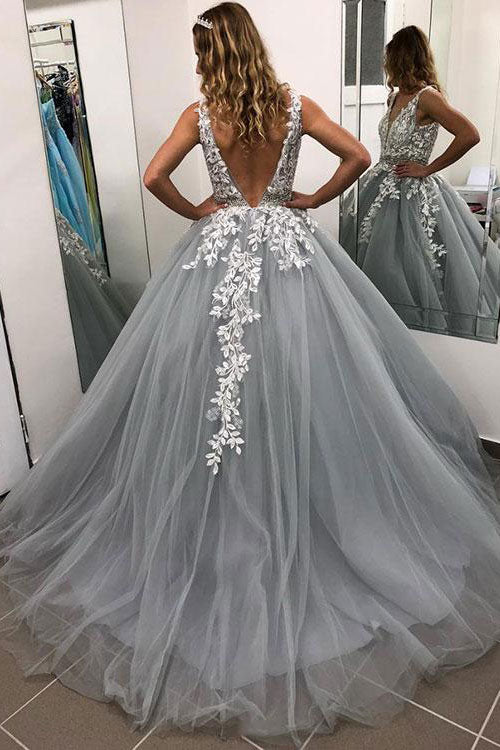 Gray v neck tulle lace long prom dress, gray tulle evening dress