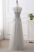 Cute gray round neck tulle long prom dress, evening dress