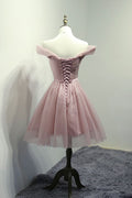 Pink tulle off shoulder short prom dress pink homecoming dress