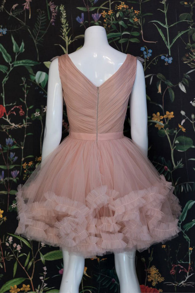 Champagne pink tulle short prom dress, champagne tulle formal dress