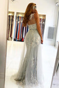 Gray one shoulder tulle lace long prom dress gray evening dress