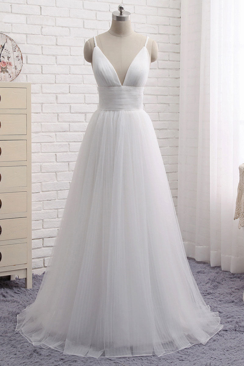 Simple white v neck tulle long prom dress