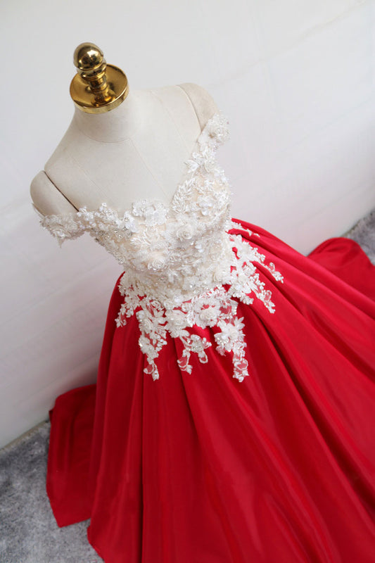Red satin lace long prom dress, red evening dress