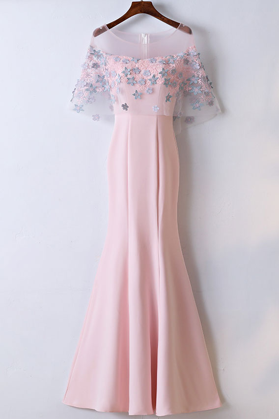 Pink round neck satin lace applique long prom dress, pink evening dress