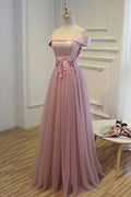 A-line off shoulder tulle long prom dress, tulle bridesmaid dress