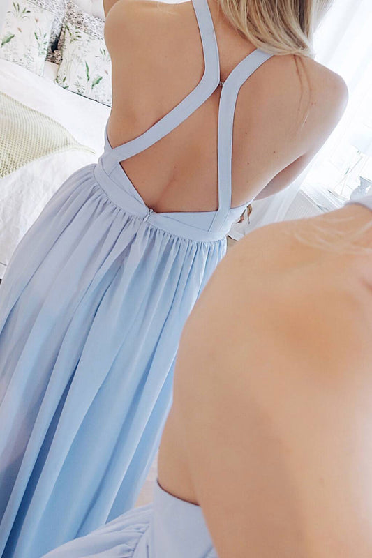 Simple round neck chiffon blue long prom dress, blue evening dress