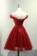Simple tulle burgundy short prom dress, tulle short bridesmaid dress