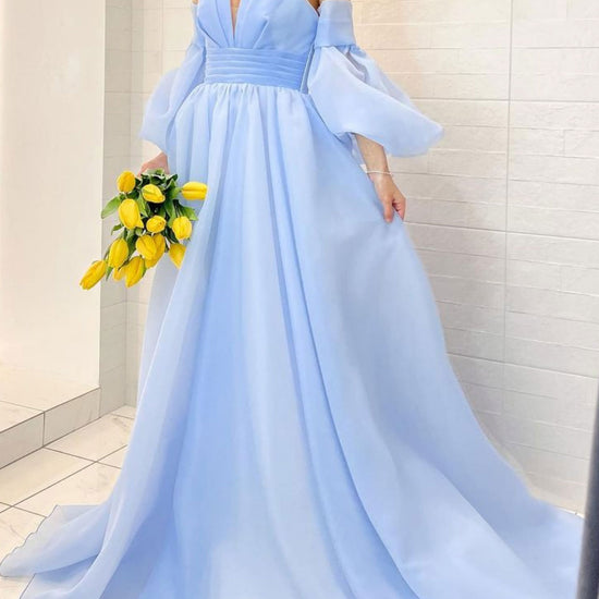 Aline Organza blue long prom dress puff sleeves blue long formal party   dresstby