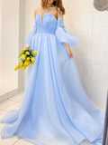 Aline Organza blue long prom dress puff sleeves blue long formal party dress