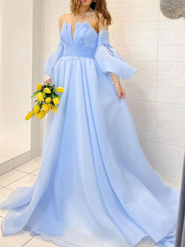 Aline Organza blue long prom dress puff sleeves blue long formal party dress