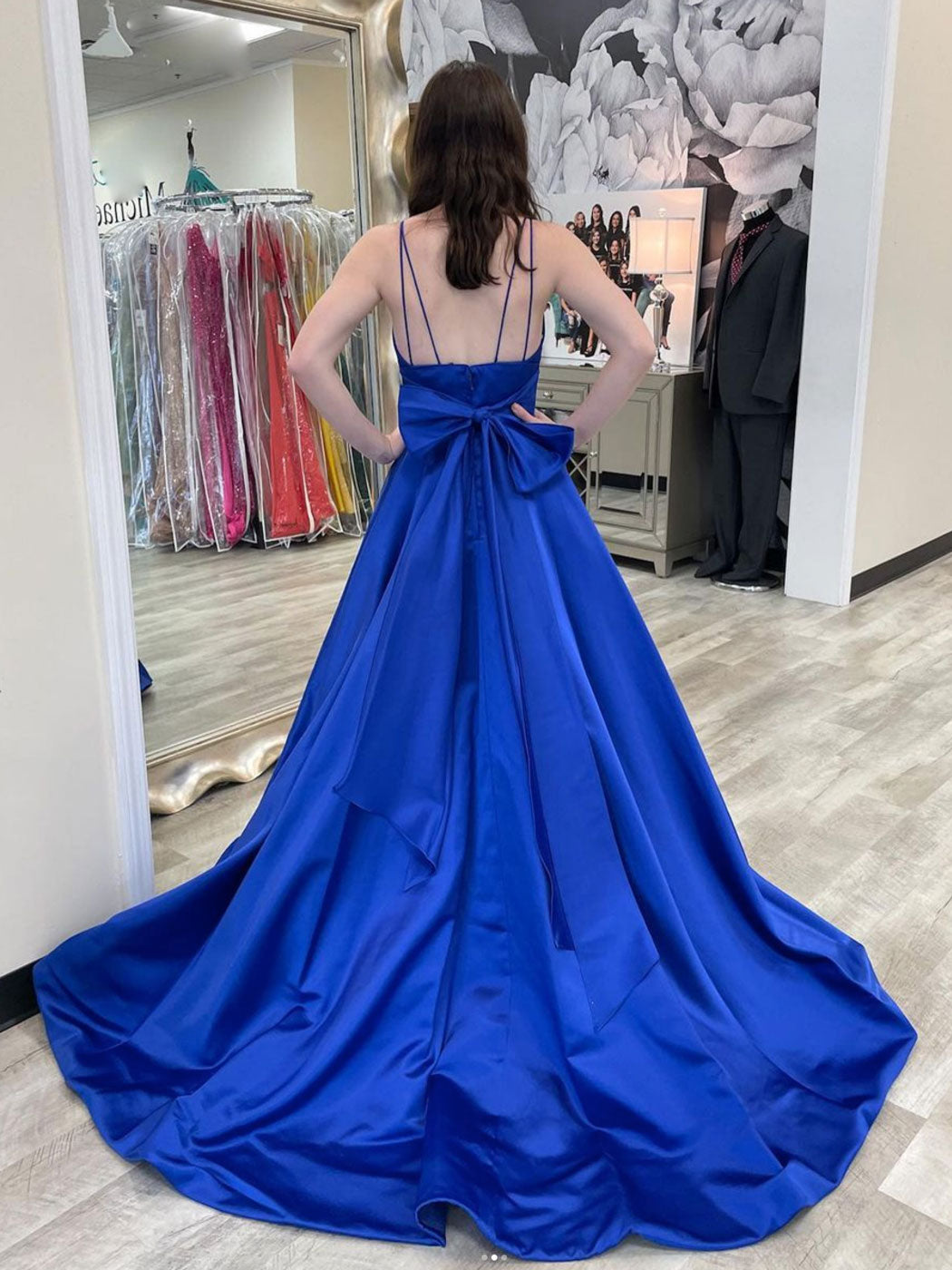 Simple blue v neck satin long prom dress, blue formal dress