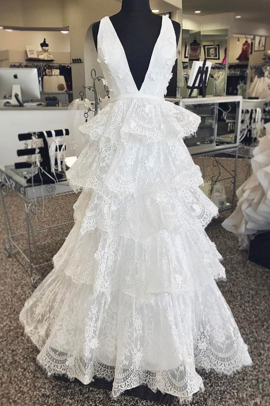 White v neck tulle lace long prom dress, white lace long evening dress