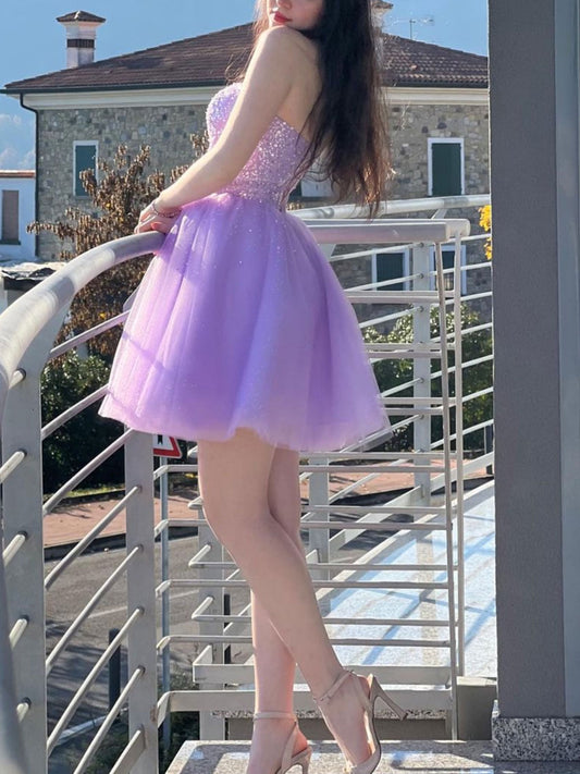 Purple Sweetheart Neck Short Prom Dress