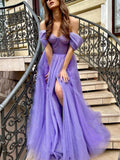 Purple off shoulder tulle sequin long prom dress, purple evening dress