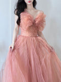 Pink tulle sequin long prom dress, pink tulle formal dress