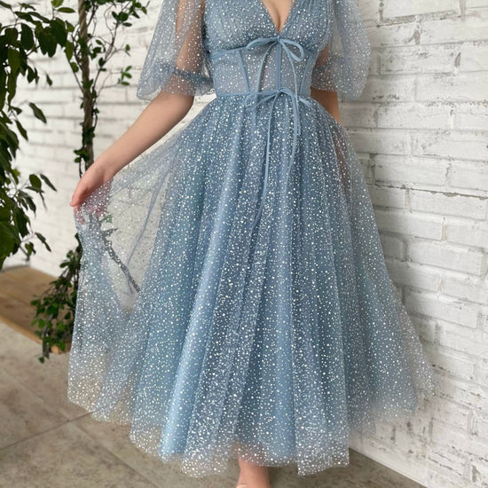 Aline Tea Length Gray Blue Prom Dress, Gray Blue Formal Wedding Party dresstby Aline Tea Length Gray Blue Prom Dress, Gray Blue Formal Wedding Party dresstby