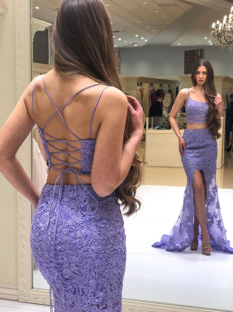 Purple tulle lace long prom dress purple formal dress