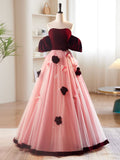 A-Line Tulle Velvet Pink/Burgundy Long Prom Dresses, Tulle Formal Evening Dress