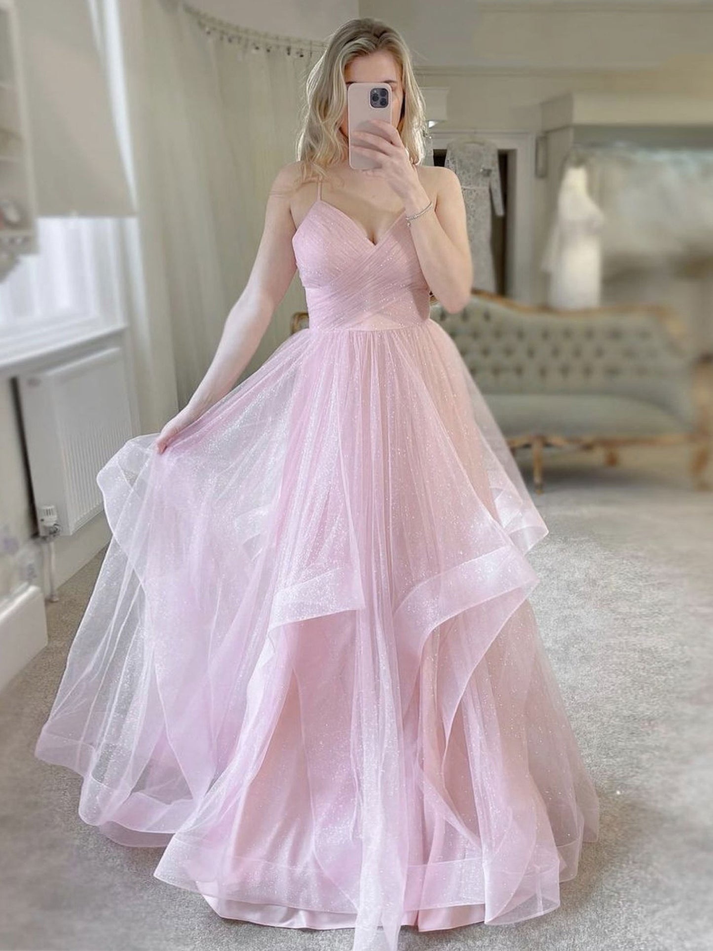 Simple pink v neck tulle long prom dress, pink tulle formal dress