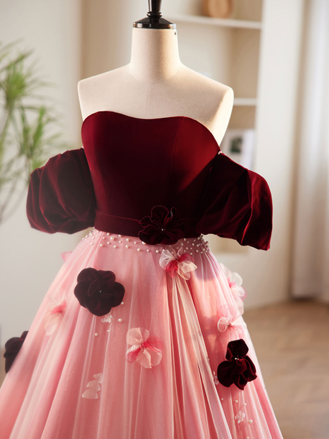 A-Line Tulle Velvet Pink/Burgundy Long Prom Dresses, Tulle Formal Evening Dress