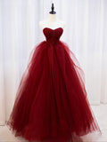 Burgundy sweetheart neck tulle lace beads long prom dress burgundy evening dress