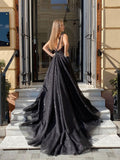 Black v neck tulle long prom dress, black tulle long evening dress