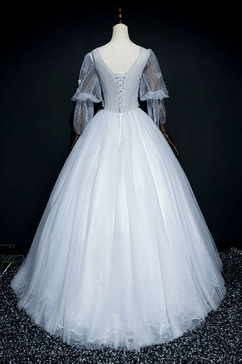 Gray v neck tulle lace long prom dress gray formal dress