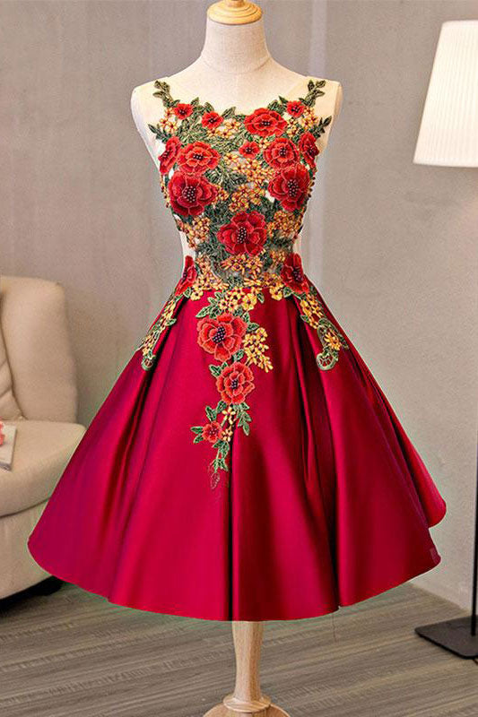 Burgundy lace applique short prom dress lace homecoming dress