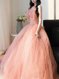 Pink tulle sequin long prom dress, pink tulle formal dress