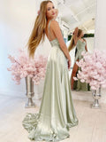 Simple light green satin long prom dress, green evening dress