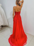 Red sweetheart neck A line tulle lace long prom dress, red evening dress