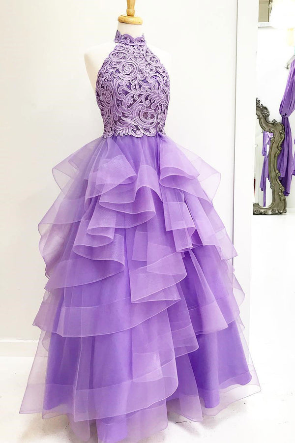 Purple high neck lace tulle long prom dress, purple evening dress