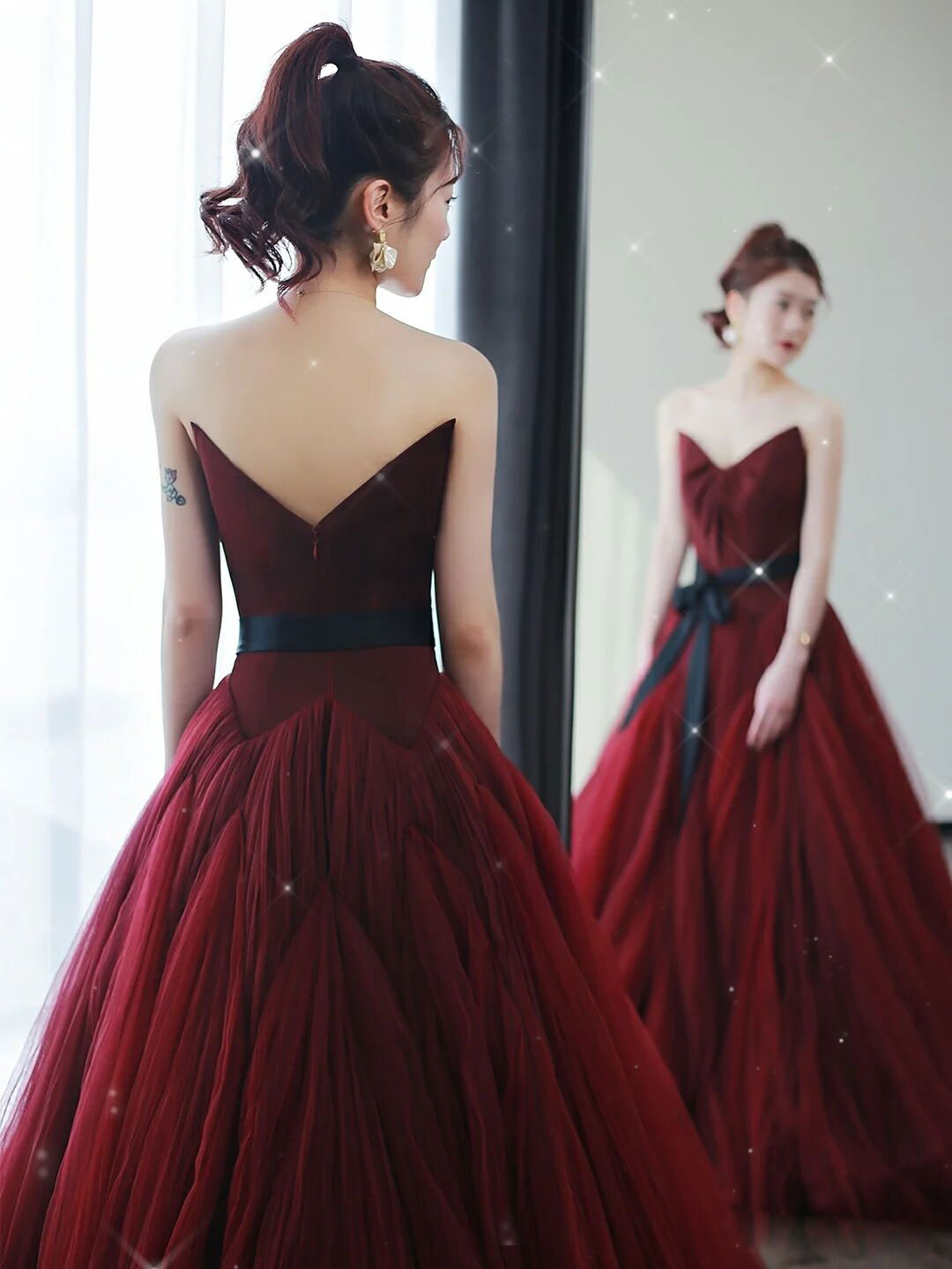 A line burgundy tulle long prom dress, burgundy evening dress