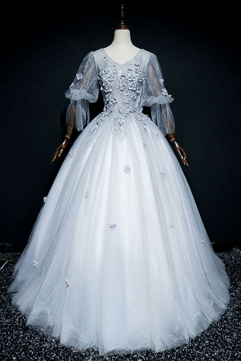 Gray v neck tulle lace long prom dress gray formal dress