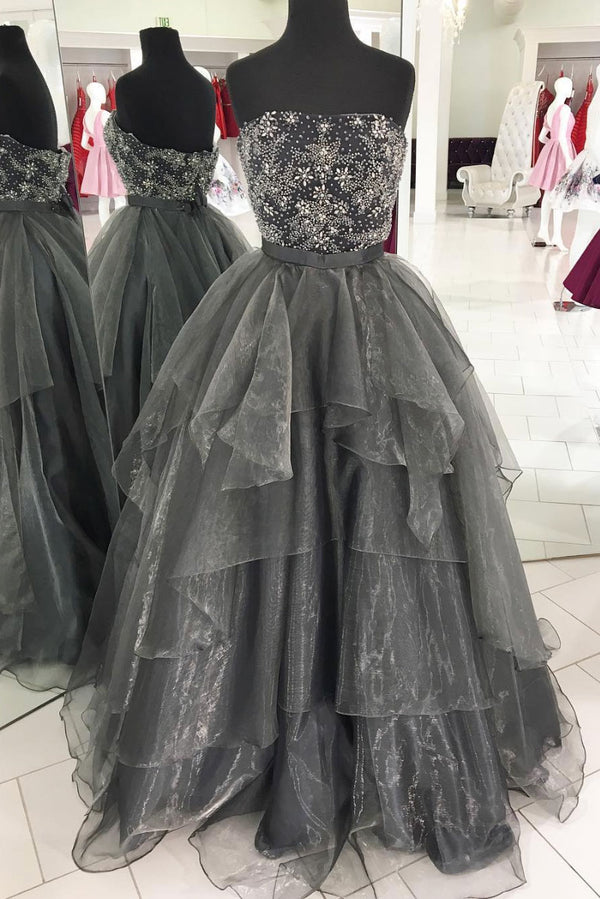 Unique gray tulle beads long prom gown, gray tulle long evening dress