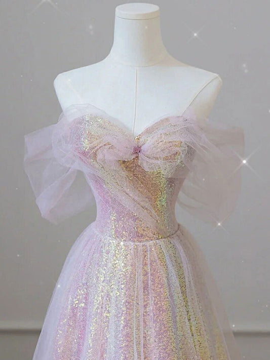 Pink A-Line Tulle Sequin Long Prom Dresses, Pink Formal Graduation Dress