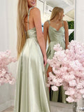 Simple light green satin long prom dress, green evening dress