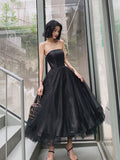 Simple black tea length prom dress black tulle homecoming dress