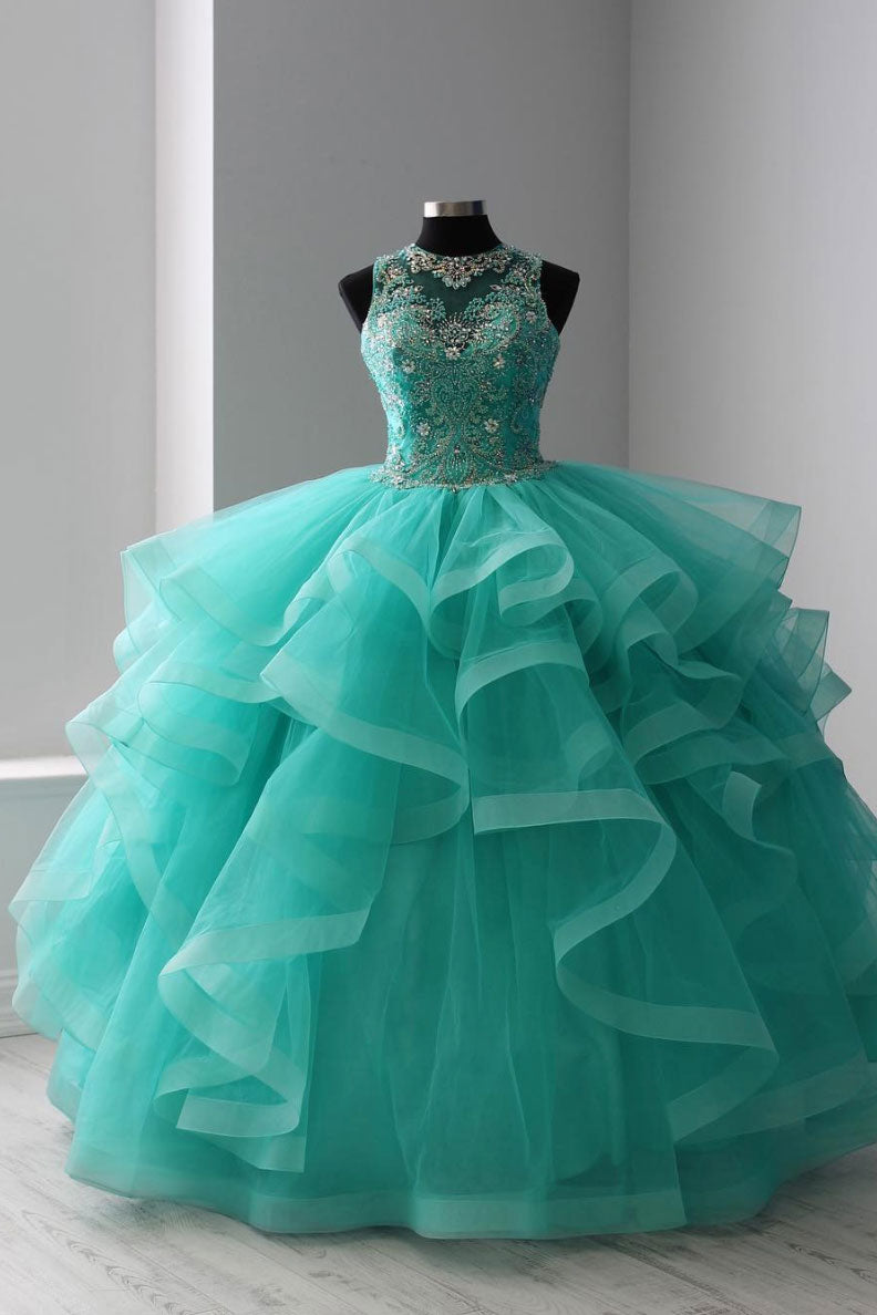 Green round neck tulle beads long prom dress, sweet 16 dress