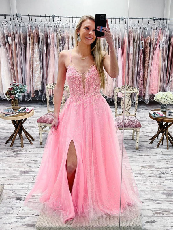 Pink v neck tulle lace long prom dress, pink tulle lace evening dress