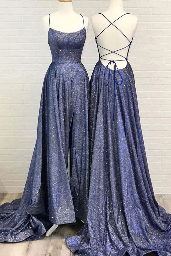 Blue backless long prom dress, blue evening dress