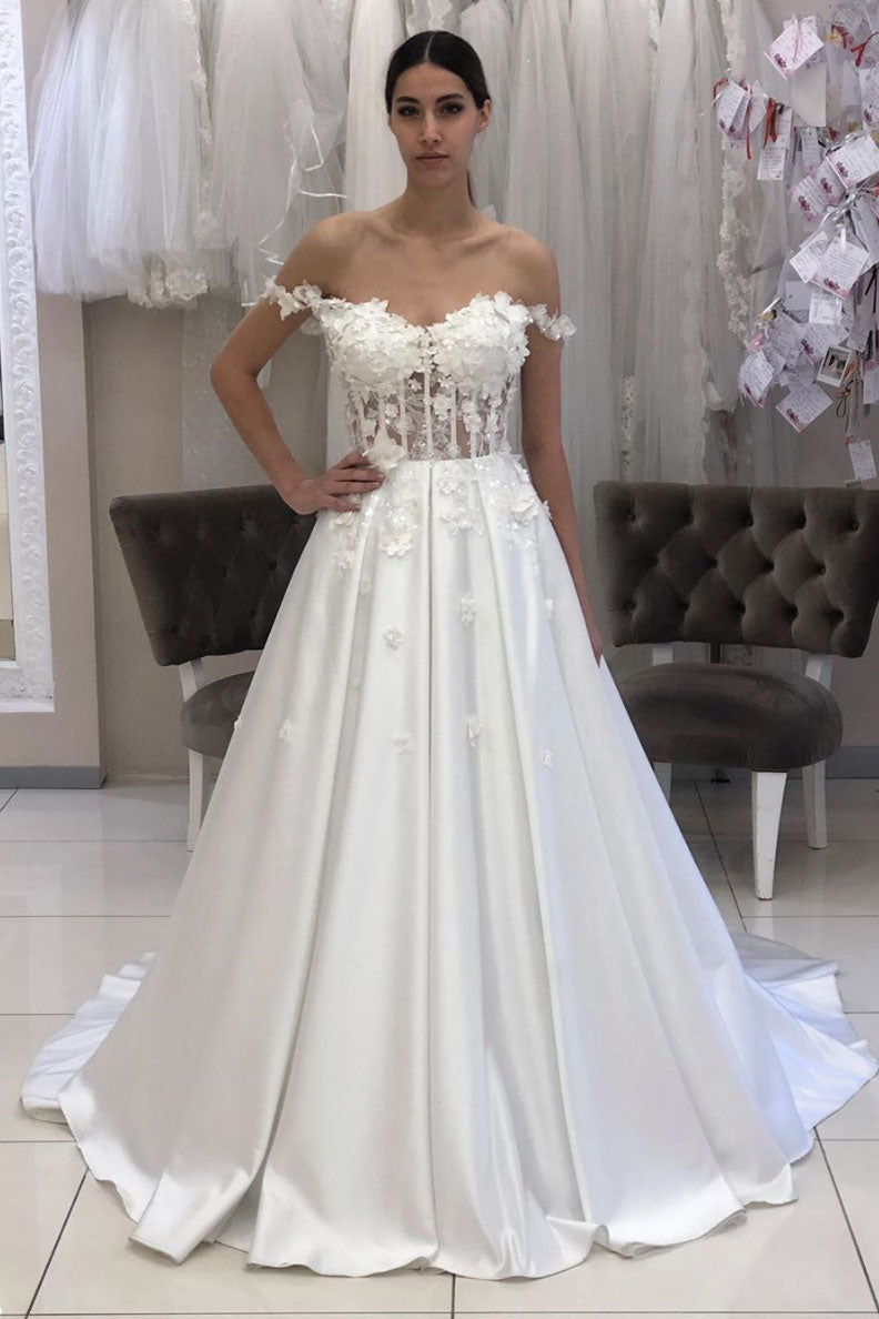 White sweetheart lace satin long prom dress lace formal dress
