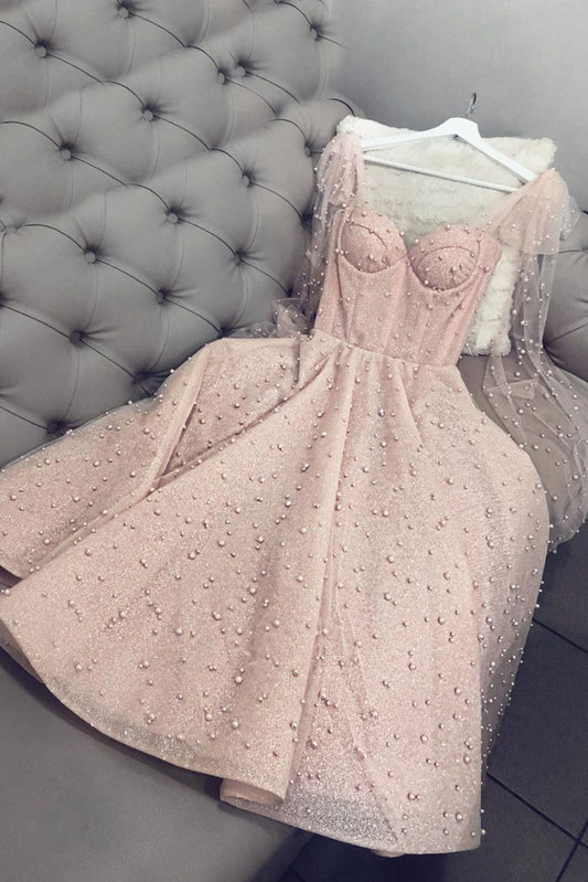 Pink sweetheart tulle beads tea length prom dress pink formal dress