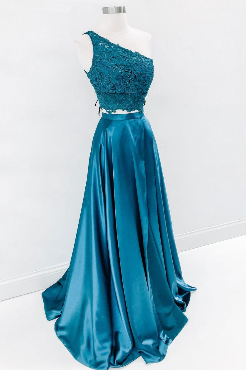 Green two pieces lace long prom dress, green evening dress