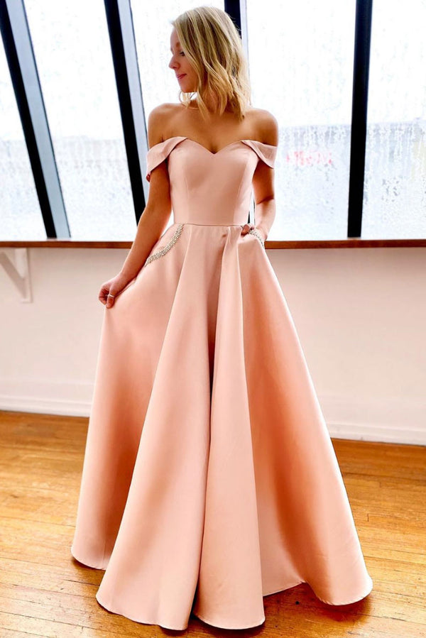 Pink off shoulder satin long prom dress pink evening dress