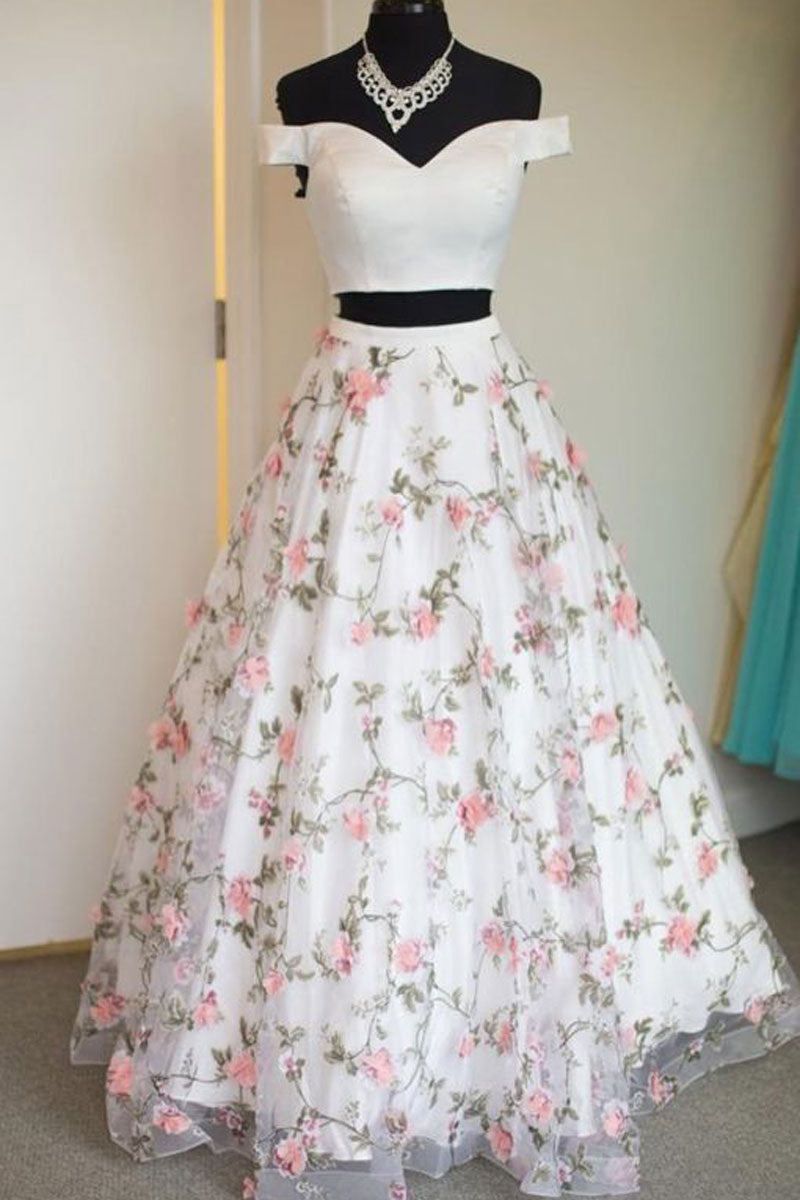 White two pieces tulle long prom dress, white evening dress